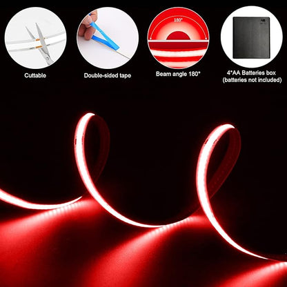 Battery Powered COB Led Strip Lights, 4.92Ft Battery Operated Red LED Strip Lights, High Brightness Flexible LED Tape Lights for Room, Cabinet, Bedroom, Kitchen, Party, Home DIY Decoration