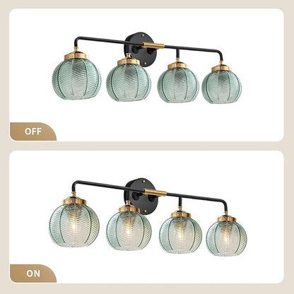 2-Pack Glass Wall 4-Lights Bathroom Vanity Light fixtures Green Glass Globe Shade Mid Century Modern Light Fixture Black Large Wall Sconce for Over Mirror Bath Living Room Cabinet