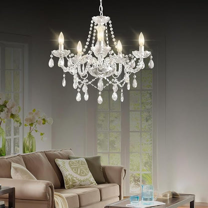 Plug in Chandelier,White Crystal Chandeliers Hanging Pendant Light Crystal Ceramic 5 Light with Plug in Cord