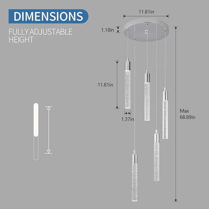 Modern Light Fixture Kitchen Island Pendant Light Dimmable LED Chrome Pendant Lights Mini Crystal Pendant Lighting for Bedroom Dining Room Living Room（5-Light ）