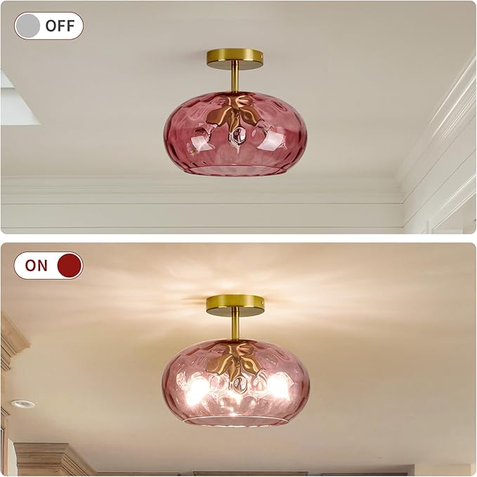 Luafac Red Glass Semi Flush Mount Ceiling Light - 12 Inch Hammered Glass Hallway Light fixtures, Vintage Gold Flush Mount Ceiling Light,Mid Century Light Fixture for Entryway Laundry Room Foyer Porch
