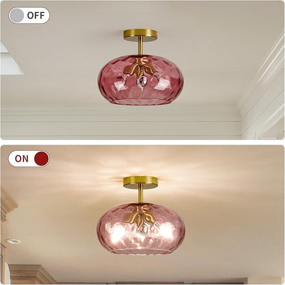 Luafac Red Glass Semi Flush Mount Ceiling Light - 12 Inch Hammered Glass Hallway Light fixtures, Vintage Gold Flush Mount Ceiling Light,Mid Century Light Fixture for Entryway Laundry Room Foyer Porch