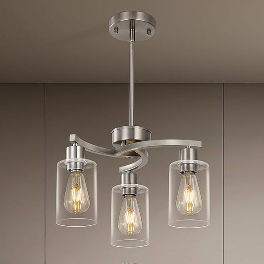 3 Light Brushed Nickel Dining Room Light Fixture,Modern Kitchen Chandeliers Over Table，Adjustable Height Industrial Hanging Pendant Lights for Kitchen Island with Glass Shade