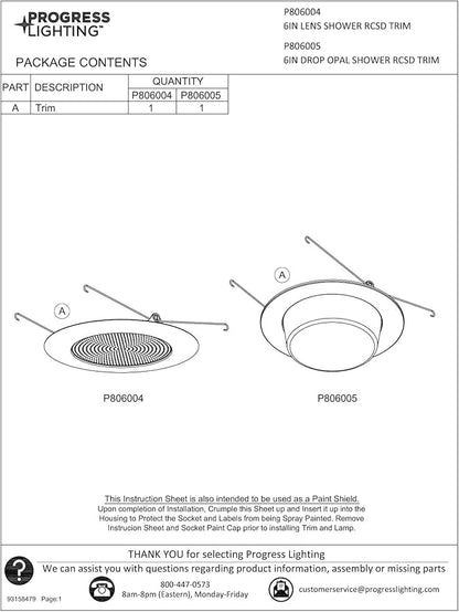 Progress Lighting P806004-028 6" Recessed Lensed Shower Trim with Glass Diffuser for 6 in. Housing Satin White (P806N Series)