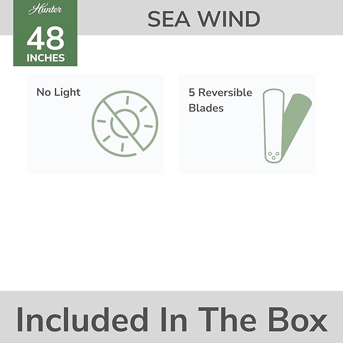 Hunter 48 inch Outdoor or Indoor Ceiling Fan No Light - Low Profile Flush Mount, Black Ceiling Fan without Light, For Patio, Porch, Garage, or Living Room, 5 Blades - Sea Wind 53118, Matte Black