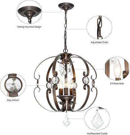Farmhouse Crystal Chandeliers for Dining Room Light Fixture, 3-Light 18 Inch Candle Bronze Crystal Chandelier for Kitchen Island, Living Room, Foyer, Staircase, Villa