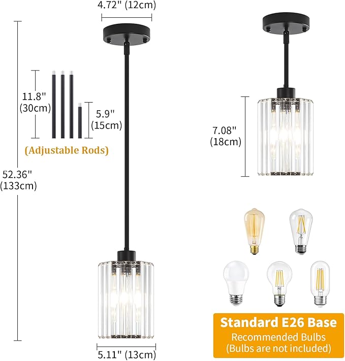2-Pack Black Pendant Lights Kitchen Island Modern Crystal Hanging Pendant Light Hexagonal Mini Chandelier Adjustable Hanging Kitchen Lights for Dining Room Hallway Bedroom Entryway Light Fixtures