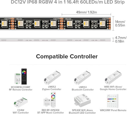 BTF-LIGHTING IP68 Waterproof Outdoor RGBW LED Strip 5050SMD RGB+Warm White(3000K-3500K) 4 Colors in 1 DC12V 16.4ft 5m 60LED/m Multi-Colored Tape Lights Can Work Outdoor(No Adapter or Controller)