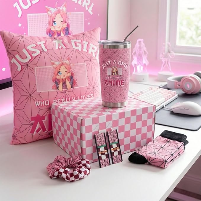 Kawaii Anime Gifts for Girls Includes 20oz Tumbler, Pillow Cover, Earrings, Scrunchies, Socks, Just A Girl Who Really Loves Anime, Birthday Gifts for Women Girls Friends Sister