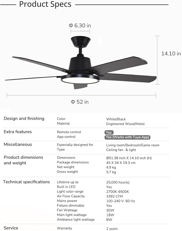 Orison Ceiling Fans with Lights, 52 inch Low Profile Ceiling Fan with RGB Backlight, Flush Mount Ceiling Fan with Remote and App Control,White Bedroom Fan, 6 Speeds, 5 Reversible Blades (Black RGB)