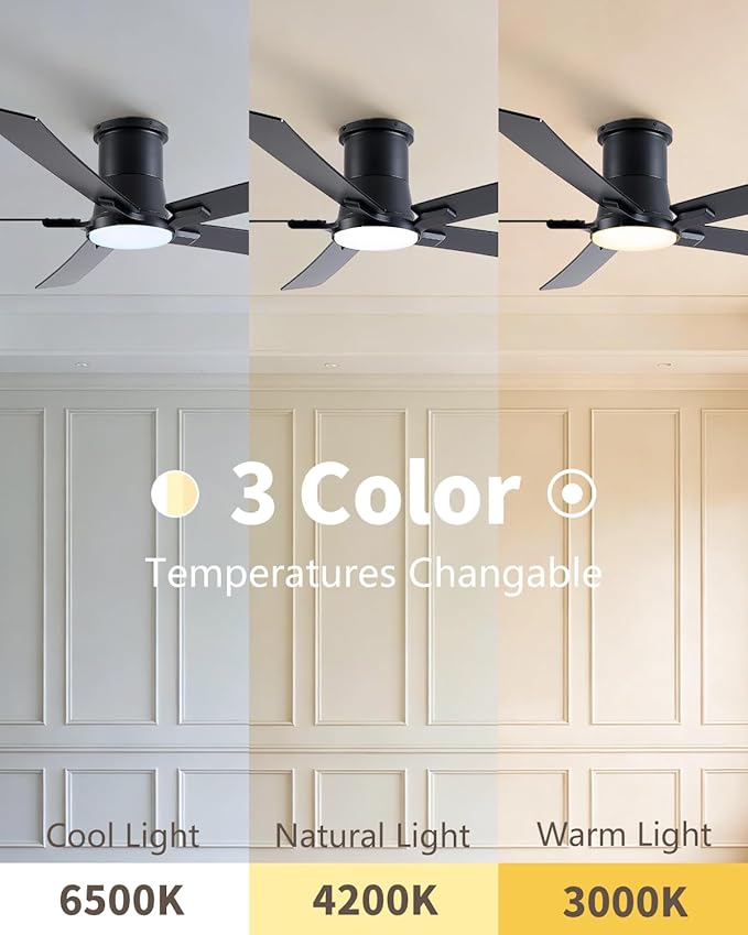 60 Inch Ceiling Fans with Lights and Remote, Black Low Profile Ceiling Fan, Flush Mount Style with 5 Blades, For Indoor Bedroom Living Room/Outdoor, 6 Speed Reversible DC Motor, 3CCT Dimmable LED