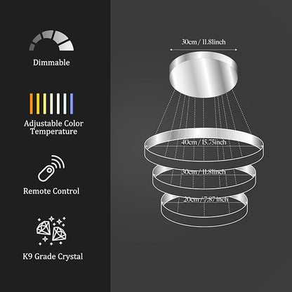 Dimmable Crystal LED Chandelier(3000-6500K) for High Ceiling – Remote Control, Adjustable Height, Modern Stainless Steel Fixture for Foyer, Staircase, Living Room(Chrome 3-Ring)