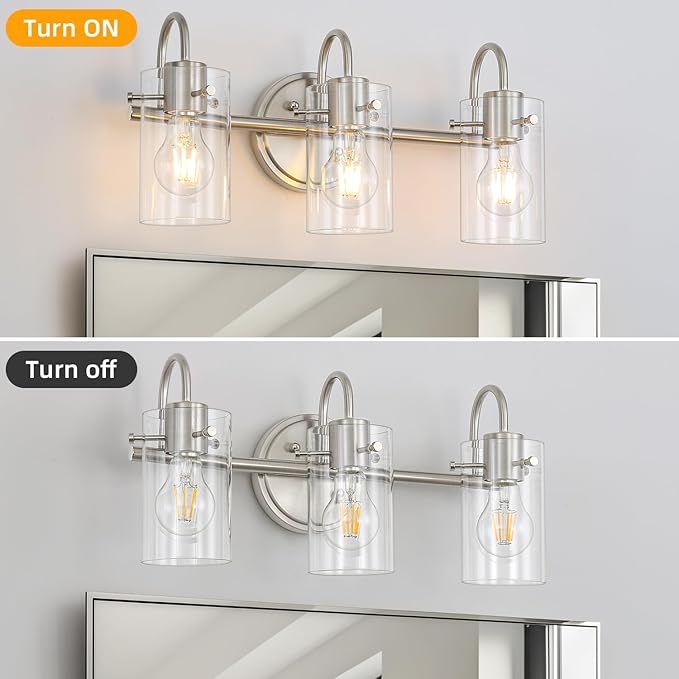 3 Lights Vanity Light Fixture, Brushed Nickel Bathroom Wall Sconces, Modern Wall Light with Clear Glass Shade, Farmhouse Wall Mount Porch Wall Lamp for Mirror, Kitchen, Living Room, Workshop