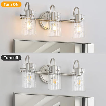 3 Lights Vanity Light Fixture, Brushed Nickel Bathroom Wall Sconces, Modern Wall Light with Clear Glass Shade, Farmhouse Wall Mount Porch Wall Lamp for Mirror, Kitchen, Living Room, Workshop