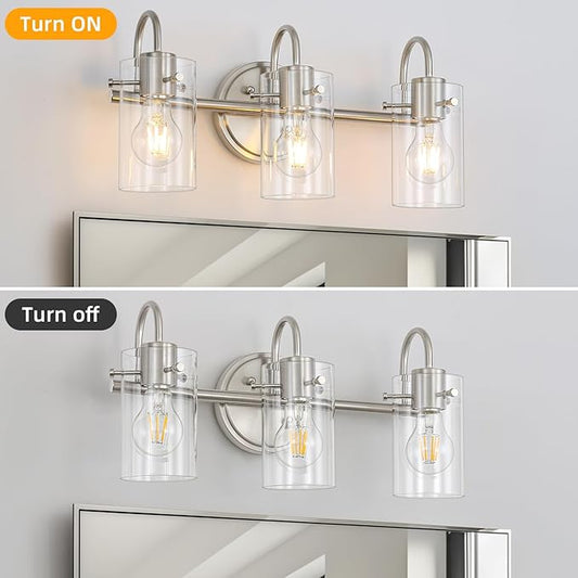 3 Lights Vanity Light Fixture, Brushed Nickel Bathroom Wall Sconces, Modern Wall Light with Clear Glass Shade, Farmhouse Wall Mount Porch Wall Lamp for Mirror, Kitchen, Living Room, Workshop