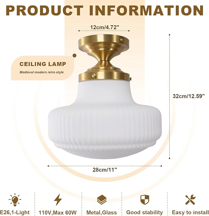White Glass Semi Flush Mount Ceiling Light, Mid Century Modern Gold Ceiling Lamp Farmhouse Close to Ceiling Light Fixture for Bedroom Kitchen Entryway Hallway