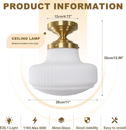 White Glass Semi Flush Mount Ceiling Light, Mid Century Modern Gold Ceiling Lamp Farmhouse Close to Ceiling Light Fixture for Bedroom Kitchen Entryway Hallway