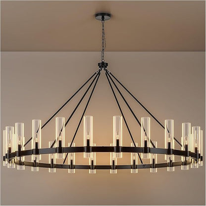 70 Inch Black Wagon Wheel Chandelier with Glass Shade, 24 Lights, Modern Farmhouse Style, Ideal for Dining Room, Kitchen, Entryways