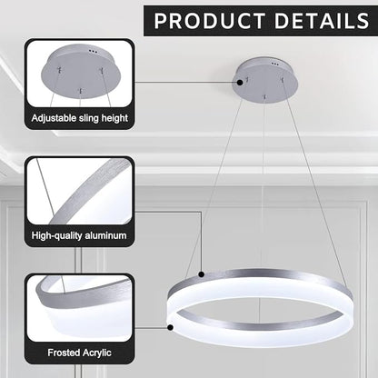 Buccleuch Modern LED Chandelier - Dimmable 19.7" Silver Round Pendant Light, Height Adjustable UL-Certified Ceiling Light for Dining Room, Kitchen Island, Living Room, Bedroom, Foyer, 6500K