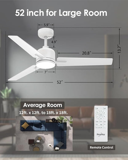 Newday 52 Inch White Ceiling Fan with Lights and Remote, Modern DC Motor Ceiling Fan with 3 Reversible White/Natural Wood Blades, 3CCT Dimmable LED, 6 Speeds, Quiet Fan for Nursery, Bedroom, Patio