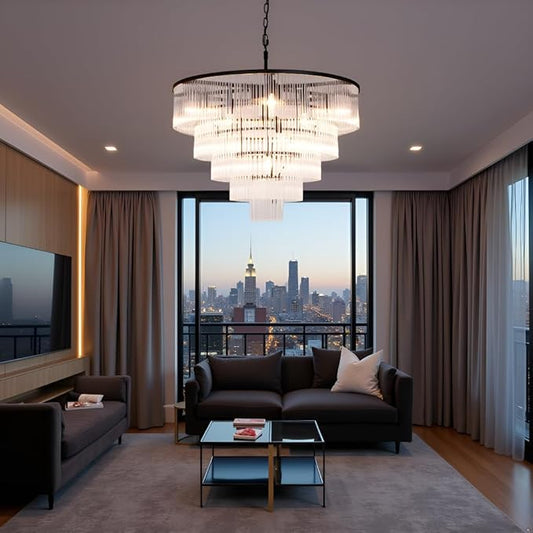 Modern Multi-Tier Crystal Chandelier 5-Tier Round Black Finish Ceiling Light -Cylindrical Glass Rods -Dining Room Living Room Bedroom Entryway -Luxury Lighting Fixture 27.5''