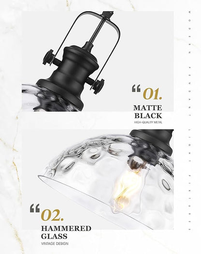 Large Pendant Lights Kitchen Island, 10.5" Farmhouse Black Pendant Lighting with Hammered Glass Shade, Vintage Hanging Light Fixtures for Dining Room Entryway, AD-22151-1PL-BK-H