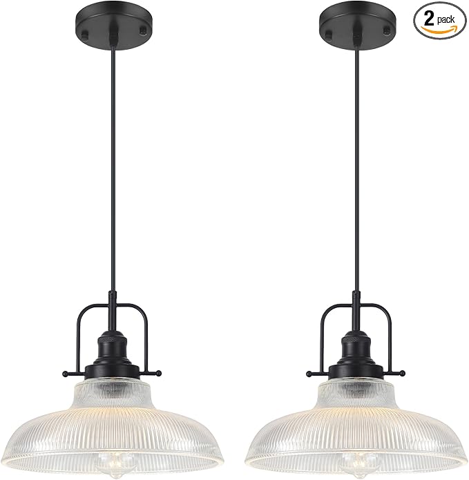 Black Glass Pendant Lights Kitchen Island 2 Pack, 12-inch Ribbed Glass Kitchen Pendant Lights, Farmhouse Pendant Lighting Over Island, Sink, Bar, Vintage Pendant Light for Dining Room
