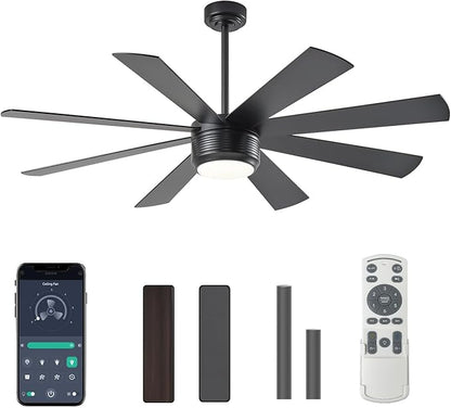 SHOWDI Ceiling Fan with Lights and Remote Control, 8 Blade App Commercial Industrial Ceiling Fan with Lights Reversible Stepless Brightness and Color Temperature (Black, 60 Inch)