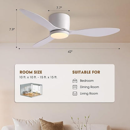 LUDOMIDE Ceiling Fans with Lights,42 Inch Low Profile Ceiling Fan with Wall Control and Remote Control,Dimmable,Flush Mount Ceiling Fan with Noiseless DC Reversible Motor for Bedroom Indoor Use