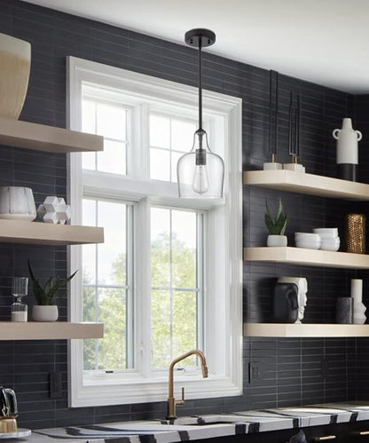 Modern Farmhouse Pendant Lighting for Kitchen Island Glass Black Pendant Light Fixtures Rod-Hung