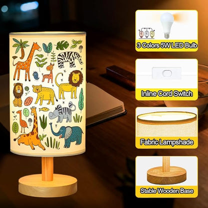 Animal Kids Bedside Table Lamp for Bedroom, 3 Colors Nightstand Light Lamp with Wood Base Round Flaxen Fabric Shade Desk Reading Lamp for Girls Boys Room Decor, Animal Nursery Stuff Girls Gifts
