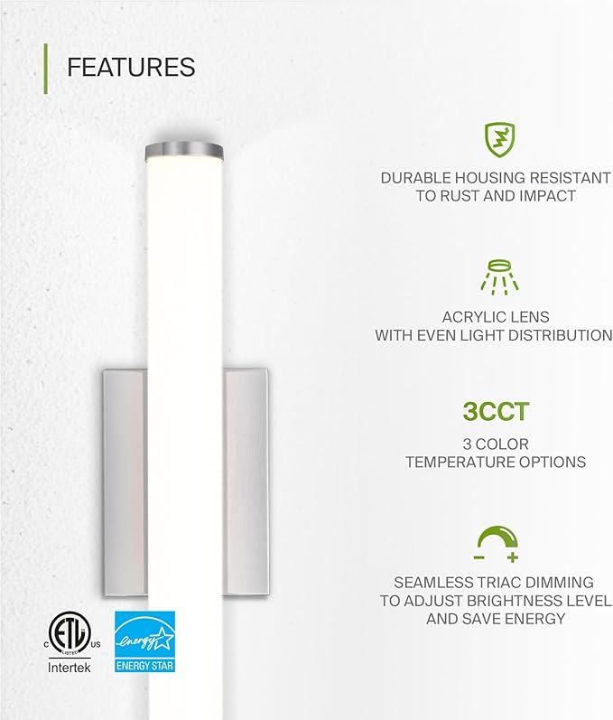 ASD 18" LED Linear Vanity Light Fixture, Modern Bathroom Sconce — 3 Color 3000K-5000K, Dimmable, 20W 1500LM, Energy Star & ETL Listed — Over Mirror Makeup Slim Bar for Bedroom, Cabinets — Nickel