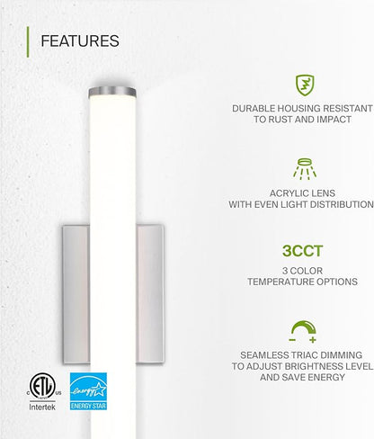 ASD 18" LED Linear Vanity Light Fixture, Modern Bathroom Sconce — 3 Color 3000K-5000K, Dimmable, 20W 1500LM, Energy Star & ETL Listed — Over Mirror Makeup Slim Bar for Bedroom, Cabinets — Nickel