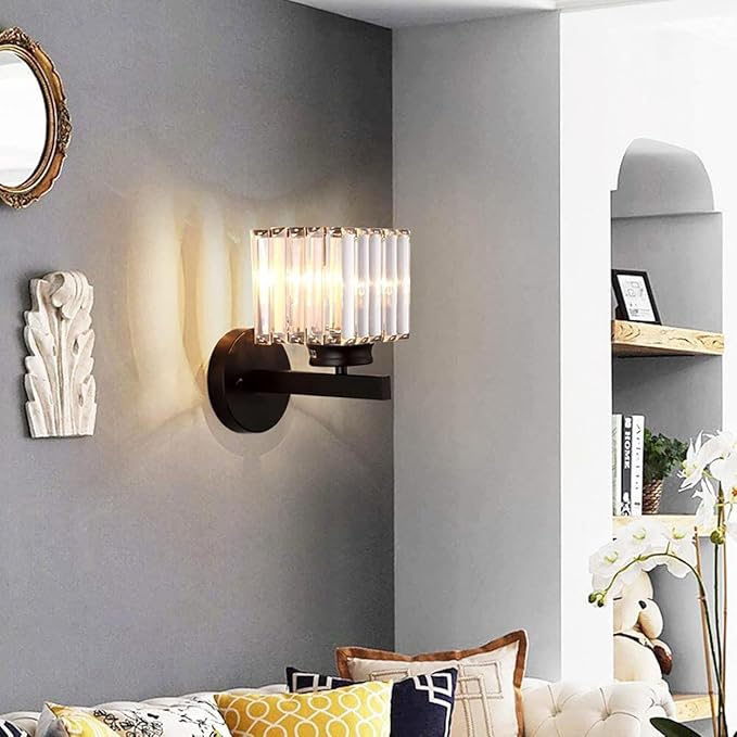 Hardwired Crystal Wall Sconces, Modern E27 Wall Lights, Black Square Finish Wall Lamp for Living Room Bedroom Dining Room Hallway Entryway (Black Square)