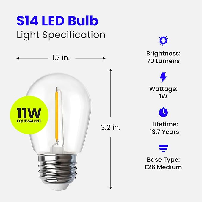 Feit Electric S14 LED Filament Light Bulbs, High Output, 2200K Warm White, 70 Lumens, String Light Replacement Bulbs, 15,000-Hour Lifespan, Clear Durable Housing, S14/822/FILED/4, 4 Pack