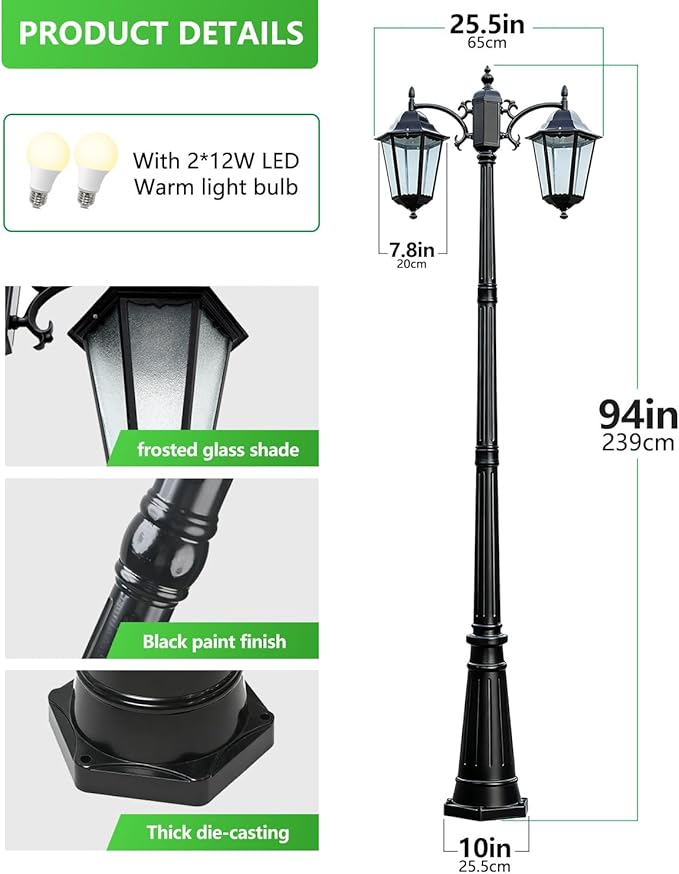 2-Head Outdoor Lamp Post Lights 94″ IP65 Waterproof Outside Black Street Light Pole with Clear Glass Shade Die-cast Aluminum Retro Pole Lights for Yard Garden Patio Path Driveway