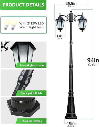 2-Head Outdoor Lamp Post Lights 94″ IP65 Waterproof Outside Black Street Light Pole with Clear Glass Shade Die-cast Aluminum Retro Pole Lights for Yard Garden Patio Path Driveway