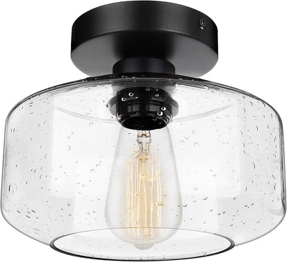 SunRider Industrial Semi-Flush Mount Ceiling Light Fixture, Modern Seeded Glass Pendant Lamp, Black Farmhouse Hanging Lighting for Bedroom Hallway
