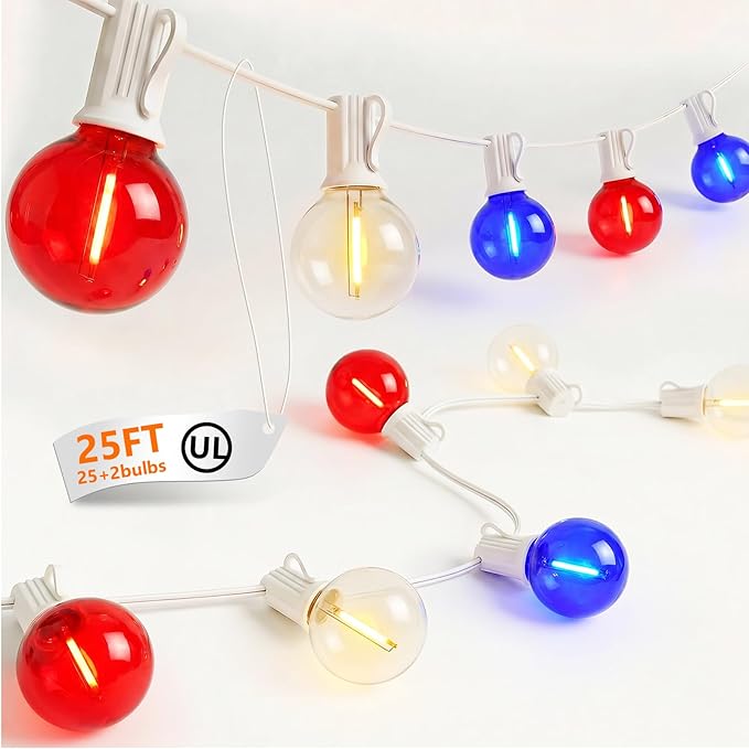 4th of July String Lights, 25FT G40 Red White and Blue Lights with 27 Shatterproof G40 LED Bulbs(2 Spare), Plug In Outdoor String Lights for Independence Day Patriotic Party Patio Backyard Decor