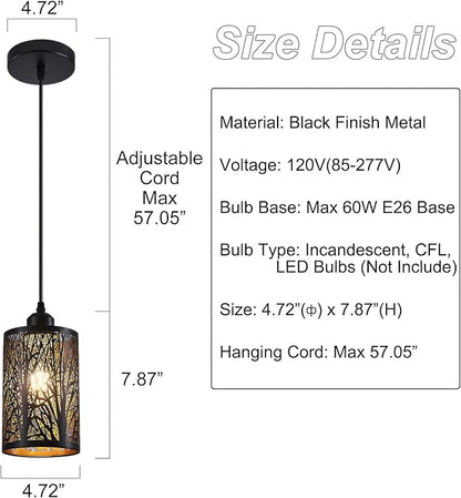 Industrial Black Pendant Light Fixture Vintage Farmhouse Mini Black Gold Pendant Lighting Rustic Hollow-Carved Cylinder Pendant Light for Kitchen Island, Dining Room, Bedroom