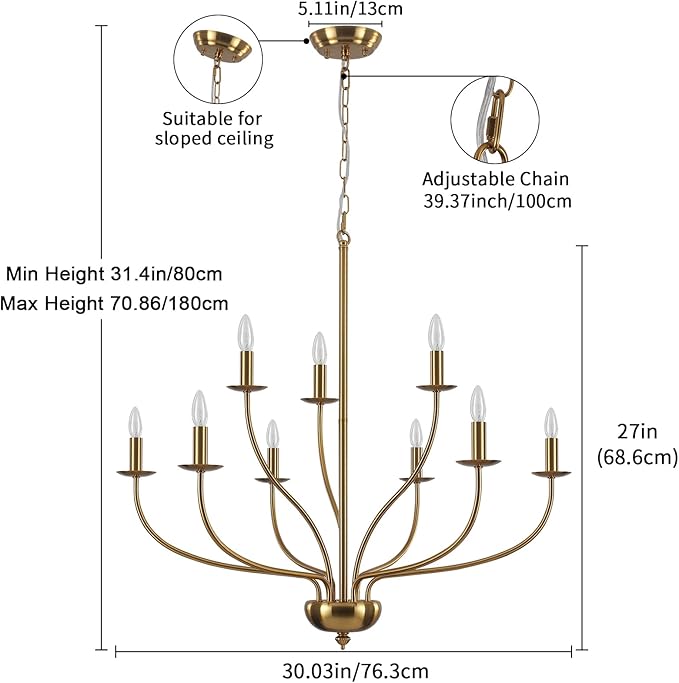 Gold Chandelier Light Fixture 9 Light Brass Chandelier for Dining Room, 30” Large Chandeliers for High Ceilings, Industrial Candle Farmhouse Chandelier for Living Room Kitchen Bedroom Entryway