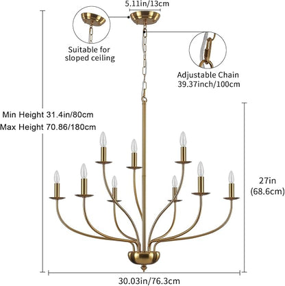 Gold Chandelier Light Fixture 9 Light Brass Chandelier for Dining Room, 30” Large Chandeliers for High Ceilings, Industrial Candle Farmhouse Chandelier for Living Room Kitchen Bedroom Entryway