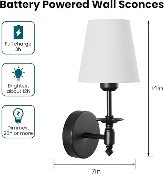 WOSHITU Battery Operated Wall Sconce: Black Sconces Set of 2 with 2 Remote & 2 Dimmable Bulb Matt Black Rechargeable Cordless Sconces Wall Decor Set of Two Wall Light for Bedroom Living Room