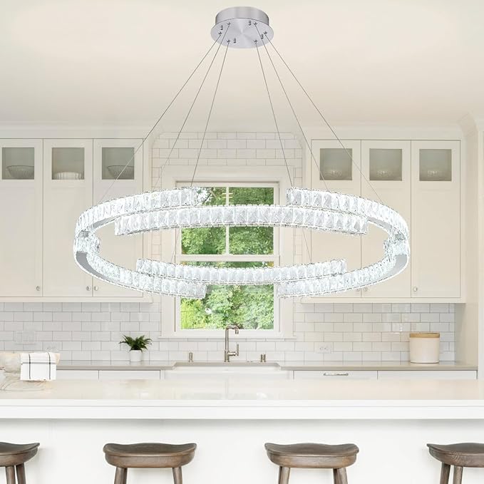 Modern Crystal Chandelier Dimmable LED Ring Pendant Light Adjustable Led Ring Chandelier 1 Ring for Dining Room Living Room 40inch Silver