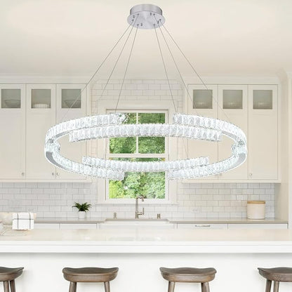 Modern Crystal Chandelier Dimmable LED Ring Pendant Light Adjustable Led Ring Chandelier 1 Ring for Dining Room Living Room 40inch Silver