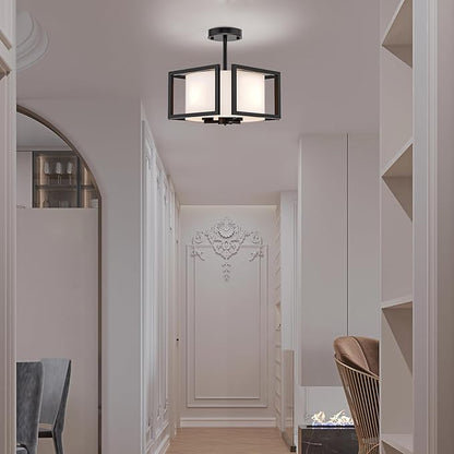 FRIDEKO HOME Flush Mount Ceiling Light Fixture - 3-Light Modern Semi Flush Mount Ceiling Light with Fabric Shade Black Metal Frame Drum Ceiling Lights for Bedroom Hallway Kitchen Living Room Entryway