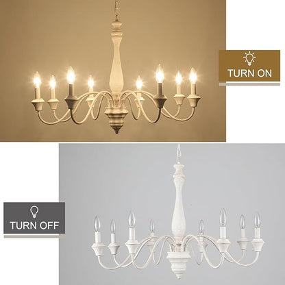 French Country Chandelier, 8-Lights Farmhouse Chandeliers for Dining Room Distressed White Chandelier, Rustic Candle Chandelier for Living Room Bedroom Kitchen