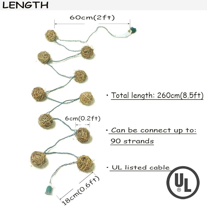 ACRAFT Handmade Dark Brown Rattan Ball String Lights Plug in Fairy Lights for Indoor Outdoor Patio Garden Balcony with End-to-end Connector Decorative Lighting