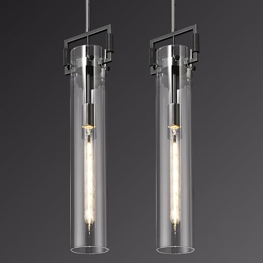 Black Pendant Light Glass for Kitchen Island Set of 2, Adjustable Hanging Chandelier with Glass Shade Modern Pendant Light Fixture for Farmhouse, Dining Room,Bedroom,E26 Bulb Included