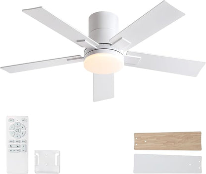 42 Inch Ceiling Fans with Lights and Remote,Flush Mount White Ceiling Fan with 5 Blades,6 Speed Reversible DC Motor,3CCT Dimmable LED-Low Profile Design for Bedroom, Living room & Covered Outdoor